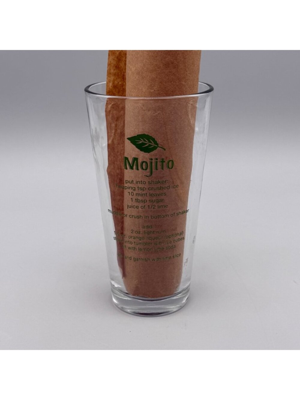 Mojito Pint Glass Classic & Variations Recipe 20 Oz Glass Green Text Barware